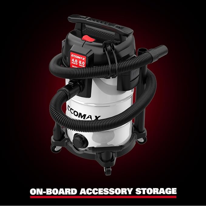 ECOMAX 8 Gallon Ultra-Quiet Shop Vacuum Wet and Dry, Stainless Steel Shop Vac with 80% Noise Reduction, 3X Longer Motor Life, 4 Peak HP Suction, Complete Accessory Kit for Garage, Workshop & Home