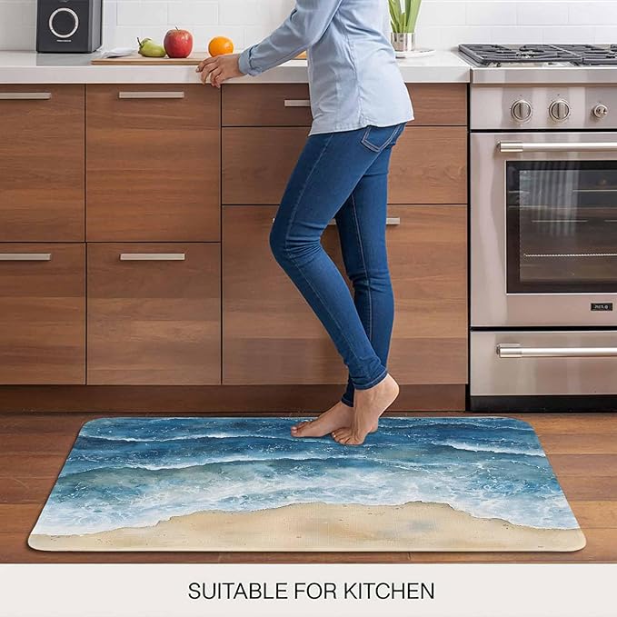 Abstract Waves Doormat Blue Ocean Spray Beach Watercolor Non Slip Low Profile Rubber Door Mat Washable Absorbent Indoor Front Door Mat Entryway Rug Entrance Carpet 18x30 Inch