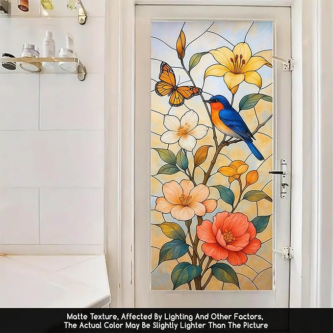 Bird Flower Butterfly Privacy Film Stained Glass Style Static Cling No Glue Decorative Panel Light Filtering Cover for Kitchen Door Balcony 17.7x39.3 inch