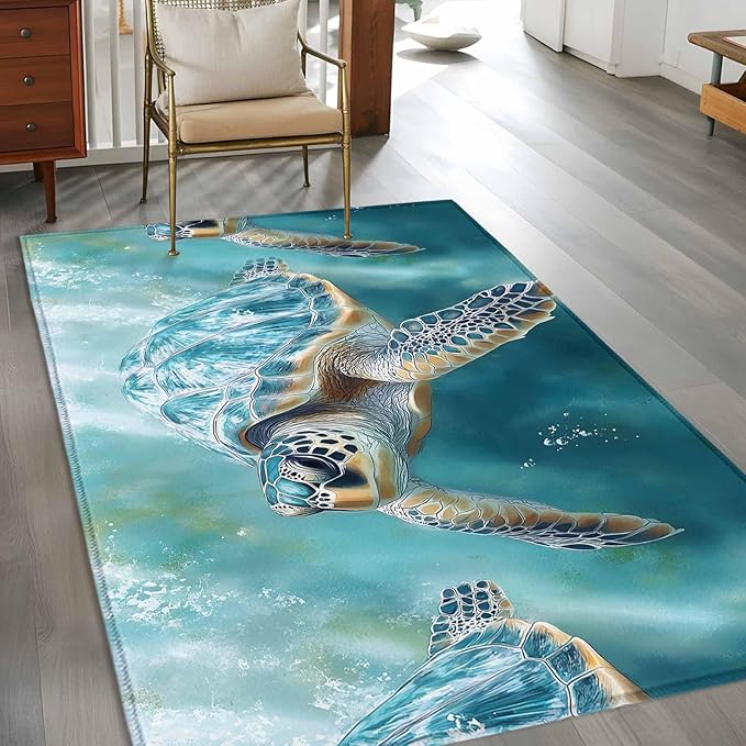 Marine Animal 3'x5' Area Rugs, Ocean Turtle Modern Art Abstract Style Washable Area Rugs Non-Slip Indoor Floor Mats Carpet for Living Room Bedroom Dining Room