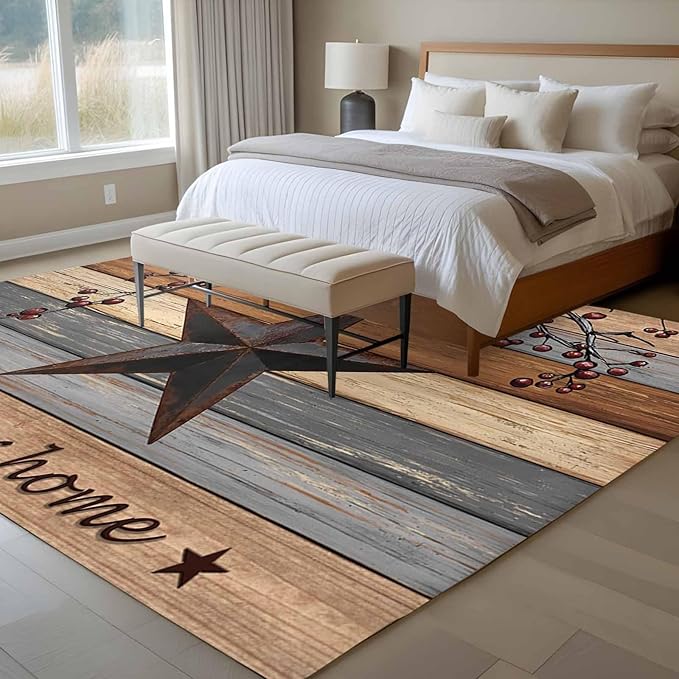 Country Stars 5'x7' Area Rugs, Vintage Rust Black Star Berry Brown Light Blue Wood Grain Washable Area Rugs Non-Slip Indoor Floor Mats Carpet for Living Room Bedroom Dining Room