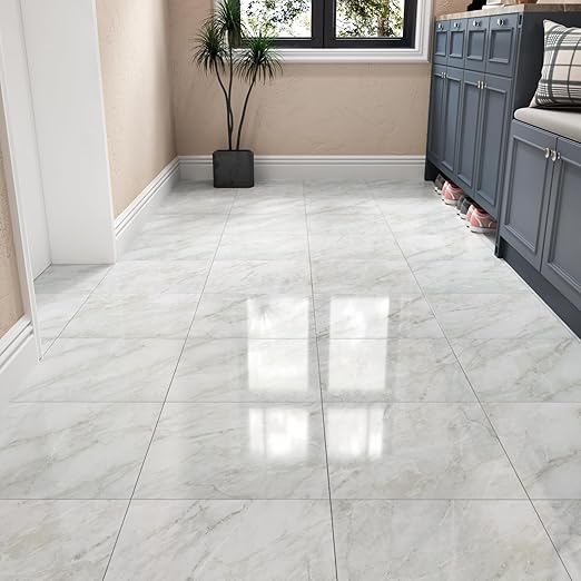 Wallercity Shiny White/Gray Peel and Stick Floor Tiles 18-Pack Self Adhesive Waterproof Vinyl Flooring Planks for Kitchen Bathroom Bedrooms 12x12 Inch Stick on Floor Tiles Linoleum Flooring Sheets