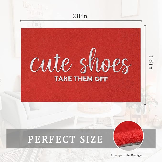Outdoor Welcome Mats Front Door Outside Mat for Home Entry Cute Shoes Take Them Off Entryway Doormats Non Slip Low Profile Small Rugs for Bedroom Living Room Dark Red