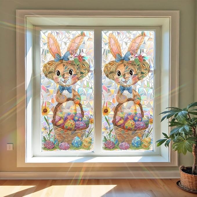 Easter Window Film Bunny with Basket of Colorful Eggs Spring Floral Artwork Decorative PVC Window Film for Entryway Bedroom Playroom Adds Cheerful Holiday Window Style