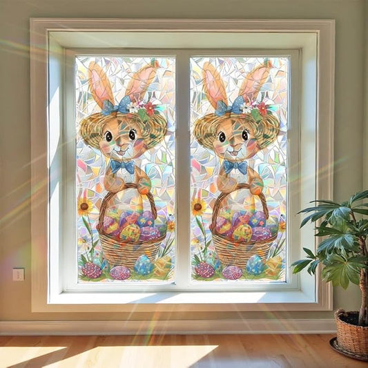 Easter Window Film Bunny with Basket of Colorful Eggs Spring Floral Artwork Decorative PVC Window Film for Entryway Bedroom Playroom Adds Cheerful Holiday Window Style