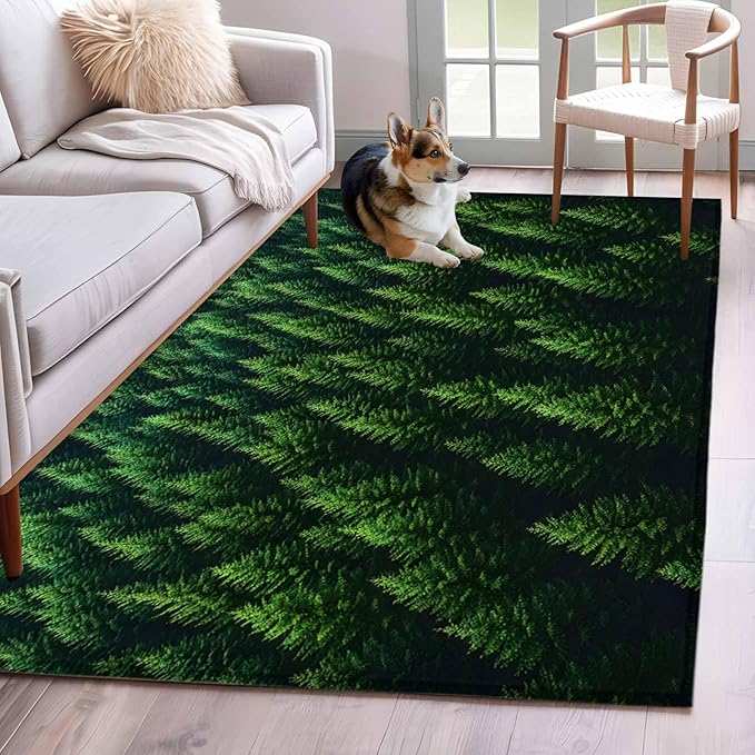 Green Forest 4'x6' Area Rugs, Pine Trees Forest Landscape Style Summer Washable Area Rugs Non-Slip Indoor Floor Mats Carpet for Living Room Bedroom Dining Room