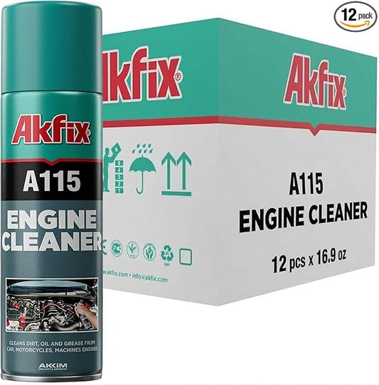 Akfix A115 Engine Cleaner and Degreaser - Quick and Bright Cleaner for Car, Motorcycle, Automotive and Machine Engine - Oil Grease Remover, Degreaser Cleaner Spray | 12 Pack, 16.9 Oz.