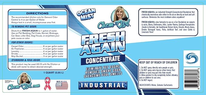 Chem-Girl | FRESH AGAIN Odor Remover & Deodorizer - Neutralizes Foul Odors in Upholstery, Carpet, Air, Shoes, Rugs, Clothes, Dog Beds, Litter Boxes | Industrial Strength Concentrate - 1 Quart