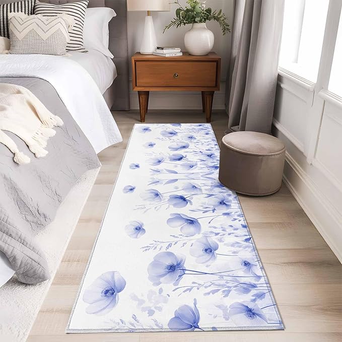 Flower Runner Rug 2'x6', Blue Hallway Runner Rugs Washable Non-Slip Bedside Floor Mats Carpet for Kitchen Bedroom Laundry Room Bathroom
