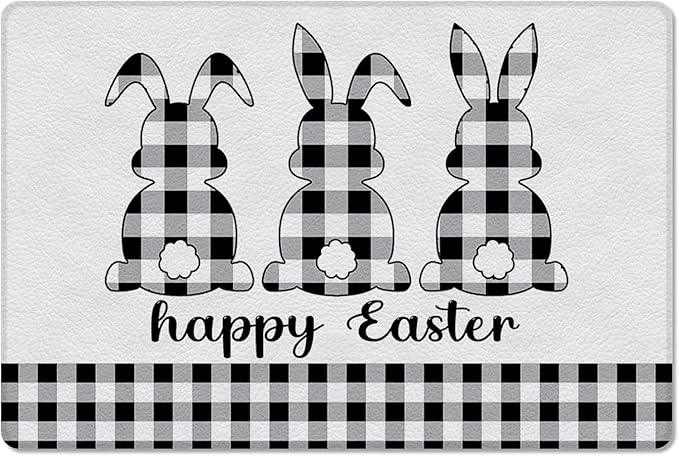 Happy Easter Black White Buffalo Plaid Rabbit Doormat for Entrance Way Indoor Front Porch Mat Non Slip Kitchen Mats 18x30Inch