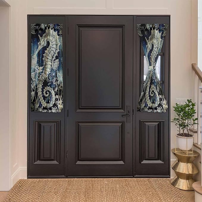 French Door Curtain Panel for Front Door, Sea Horse Slidelight Door Curtains with Tieback Light Filtering Privacy Panels for Doorway Entryway 25"x 40"