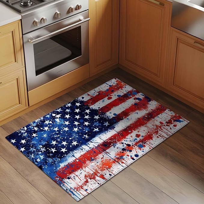 Mottled Red Blue White Stars Painted Flag Entryway Rug 2'x3', Small Area Rug Non-Slip Front Door Mat Washable Floor Carpet for Indoor Entrance Kitchen Bathroom