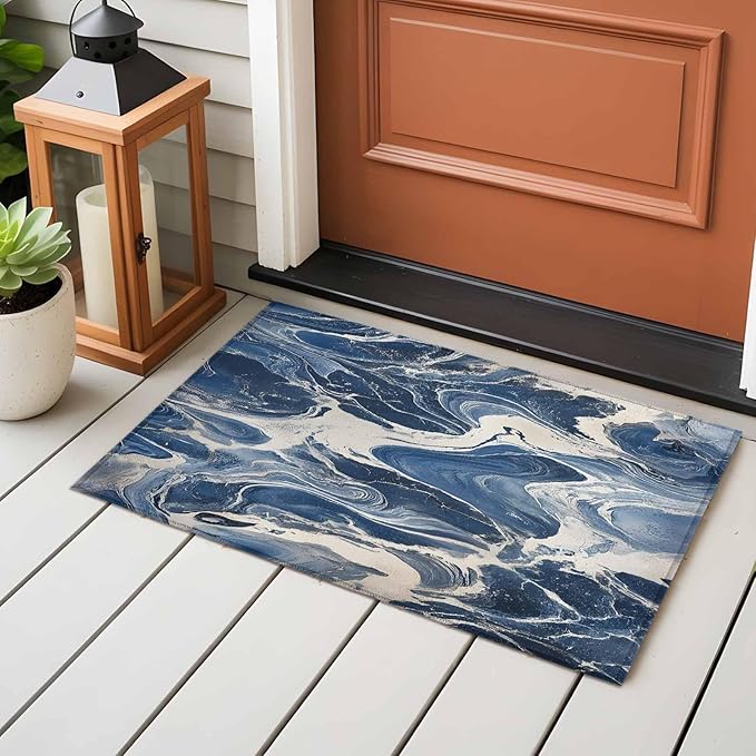 Impressionist Style Entryway Rug 2'x3', White Blue Blurred Wash Small Area Rug Non-Slip Front Door Mat Washable Floor Carpet for Indoor Entrance Kitchen Bathroom