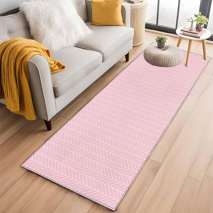 Pink Herringbone Stripes Runner Rug 2'x6', Modern Abstract Geometric Pink Simple Lines Hallway Runner Rugs Washable Non-Slip Bedside Floor Mats Carpet for Kitchen Bedroom Laundry Room Bathroom