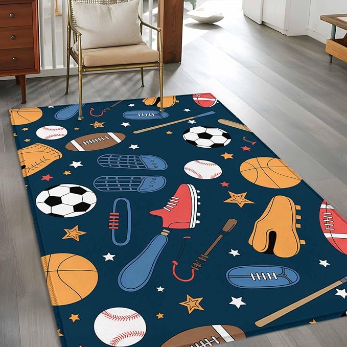 Cartoon Sports Area Rugs 2.7'x5', Baseball Soccer Basketball Rugby Sneakers Washable Area Rugs Non-Slip Indoor Floor Mats Carpet for Living Room Bedroom Dining Room