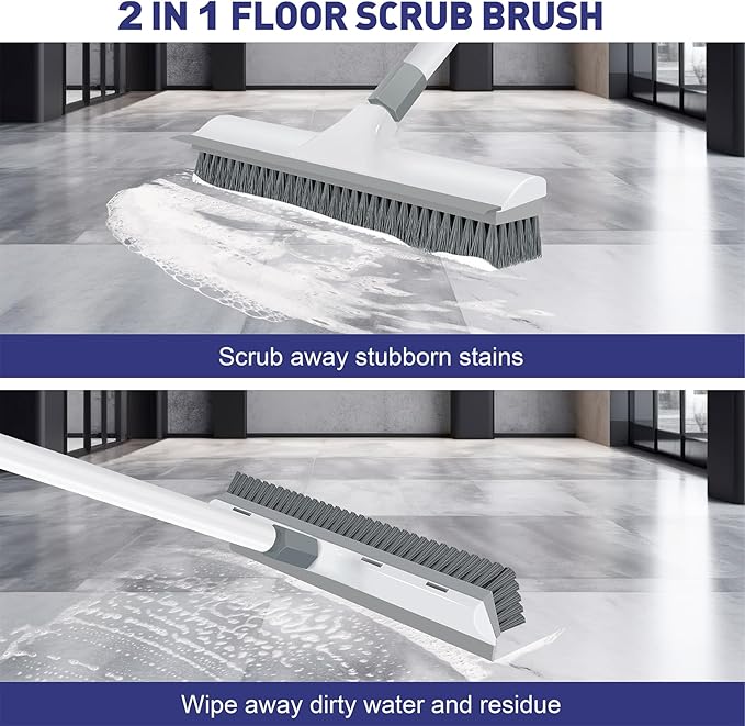 Yolaist Floor Scrub Brush with 60 inch Long Handle, 2 in 1 Heavy Duty Stiff Bristle Floor Scrubber Brush and Scraper for Cleaning Shower, Tile, Bathroom, Kitchen, Deck, Garage, Patio