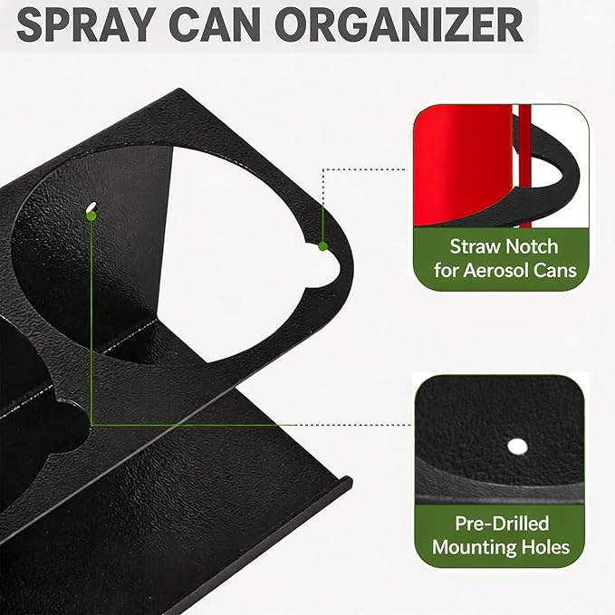 4 Pack Wall-Mounted Spray Bottle Holder, Heavy-Duty Steel Black Aerosol Can Storage Rack with 20 Holes, Spray Paint Can Organizer for Garage, Shop, Home, Tool Trailer & Service Truck