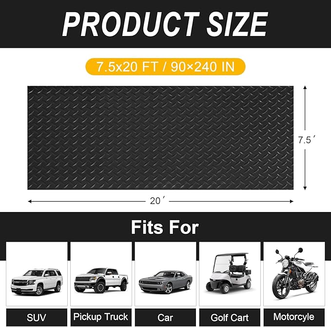 7.5x20 FT Garage Floor Mat, 2.8mm Thickened Flooring Roll Under Car Mat with 20Pcs Tapes, Diamond Plate, Non-Slip Floor Protector Mat for Trailer, Garage, Warehouse, Gyms, Trailer, Black