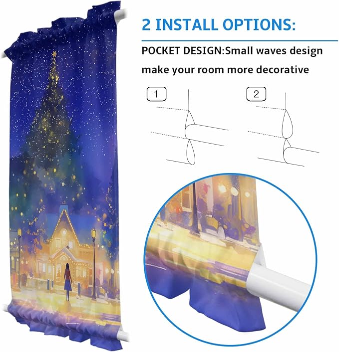 Christmas French Door Curtain Panel for Front Door, Watercolor House Xmas Tree Snowy Night Slidelight Door Curtains with Tieback Light Filtering Privacy Panels for Doorway Entryway 25"x 40"