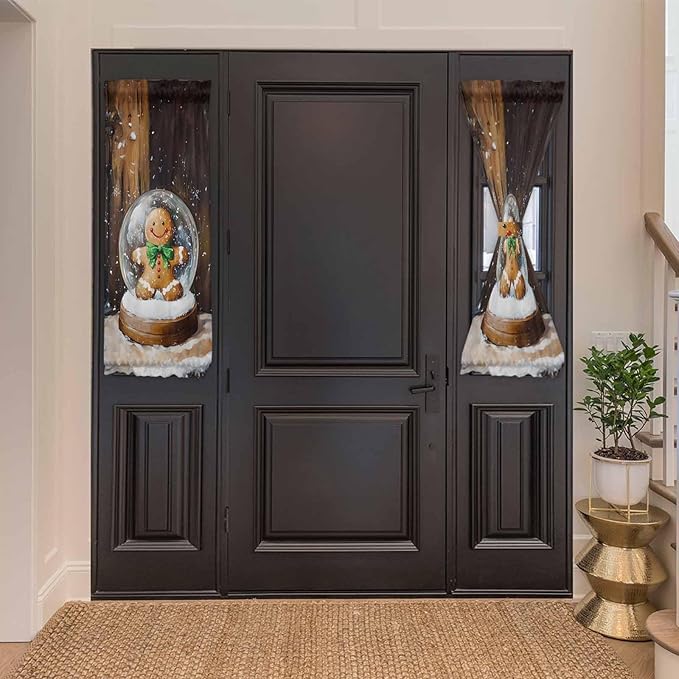 Christmas French Door Curtain Panel for Front Door, Crystal Ball Gingerbread Man Country Wooden House Slidelight Door Curtains with Tieback Light Filtering Privacy Panels for Entryway 25"x 40"