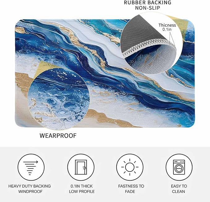 Abstract Spray Doormat Gold White Blue Ocean Oil Painting Style Non Slip Low Profile Rubber Door Mat Washable Absorbent Indoor Front Door Mat Entryway Rug Entrance Carpet 24x36 Inch