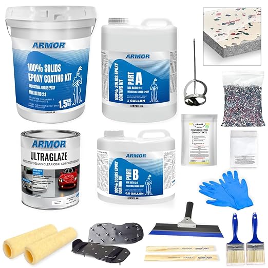 ArmorPoxy Garage Epoxy Floor Kit – 100% Solids - 2 Part Industrial-Grade Coating w/UltraGlaze Topcoat | DIY Slip & Hot Tire Resistant | 300 Sq Ft - Desert Tan - 17 pc kit