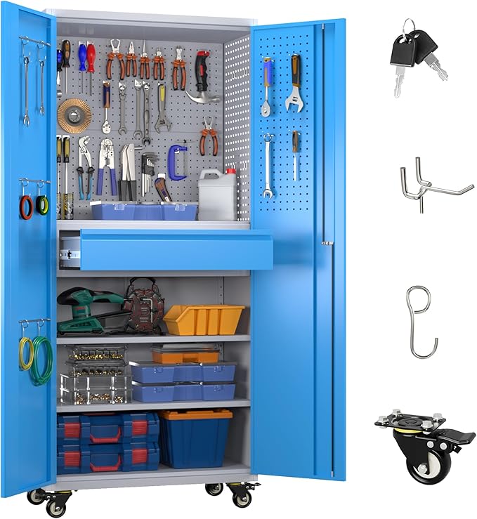 Reemoon 71" H Metal Garage Storage Cabinet with Wheels and Doors,Rolling Tool Cabinet with Pegboard,Rod and Drawer for Garage Warehouse Home,Required Assembly,Grey and Blue