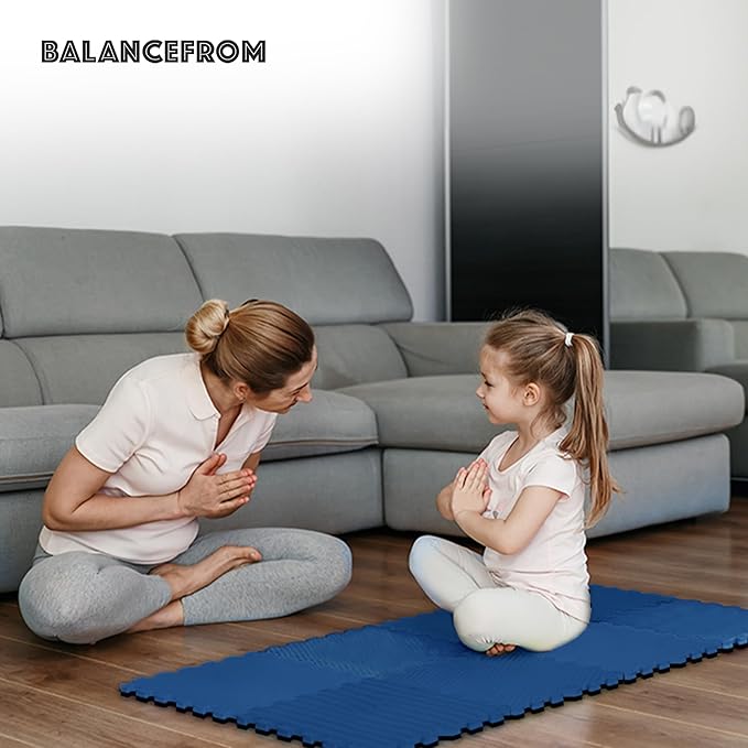 BalanceFrom Puzzle Exercise Mat 3/4' Thick, EVA Interlocking Foam Floor Tiles for Home Gym, Mat for Home Workout Equipment, Floor Padding for Kids, Blue, 24 in x 24 in x 3/4 in, 24 Sq Ft - 6 Tiles