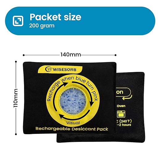 Wisesorb 200g Reusable Silica Gel Desiccant, Color Indicating Rechargeable Desiccant Packs for Storage, Moisture Absorbers for Storage, Gun Safes, Suitcases, 3D Filaments, Electronics, Car[3 Pack]