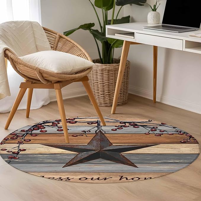 Country Stars Round Rug 3.3 Ft, Vintage Rust Black Star Berry Brown Light Blue Wood Grain Samll Area Rugs Washable Non Slip Indoor Floor Mats Circle Carpet for Living Room Bedroom Dining Room Home