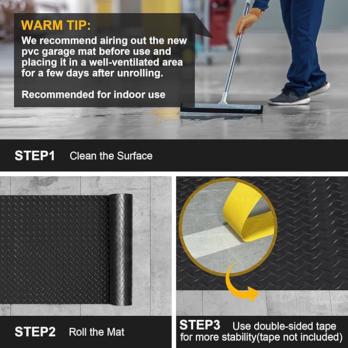 Garage Floor Mat, 2.8mm Thickened Flooring Roll for Under Car with 20Pcs Tapes, Diamond Plate, Non-Slip Floor Protector Mat for Trailer, Garage, Warehouse, Gyms, Trailer (BlackV, 7.5x25 FT)