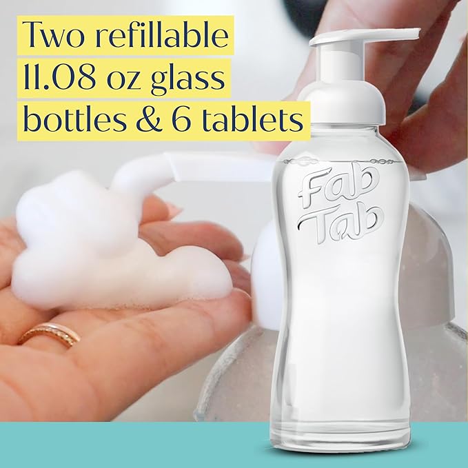 Fab Tab Dual Foaming Hand Soap Kit - 2 Refillable Glass Foaming Hand Soap Dispensers + 6 Tablet Refills - Variety Scents - Makes 6 x 11.9 Fl oz Bottles (71 Fl oz Total)