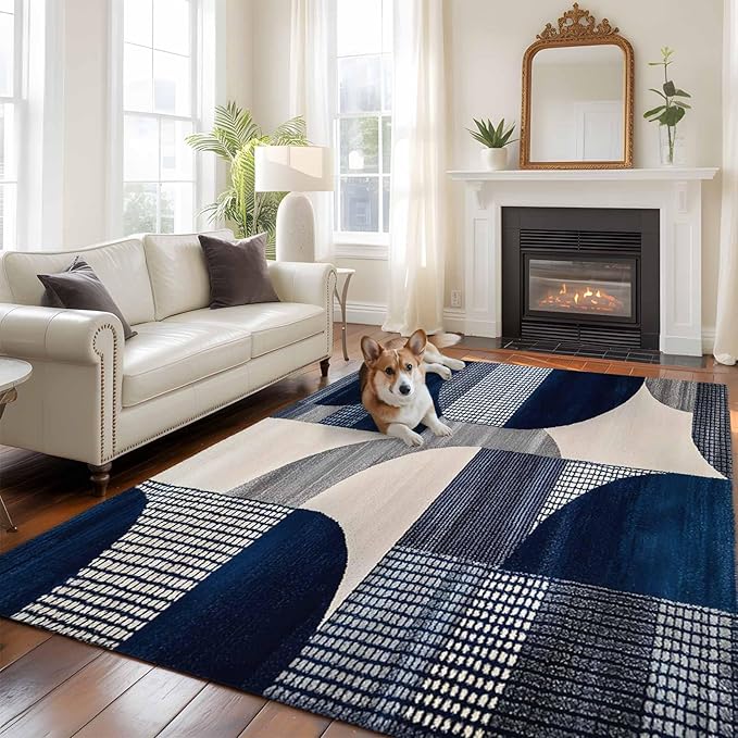 Modernism 9'x12' Large Area Rugs, Blue White Geometric Abstract Design Washable Area Rugs Non-Slip Indoor Floor Mats Large Carpet for Living Room Bedroom Dining Room
