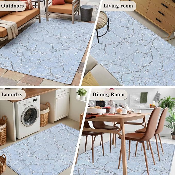 Blue Tree Branch 4'x6' Area Rugs, Retro Classic Art Blue Tree Branches Flower Washable Area Rugs Non-Slip Indoor Floor Mats Carpet for Living Room Bedroom Dining Room
