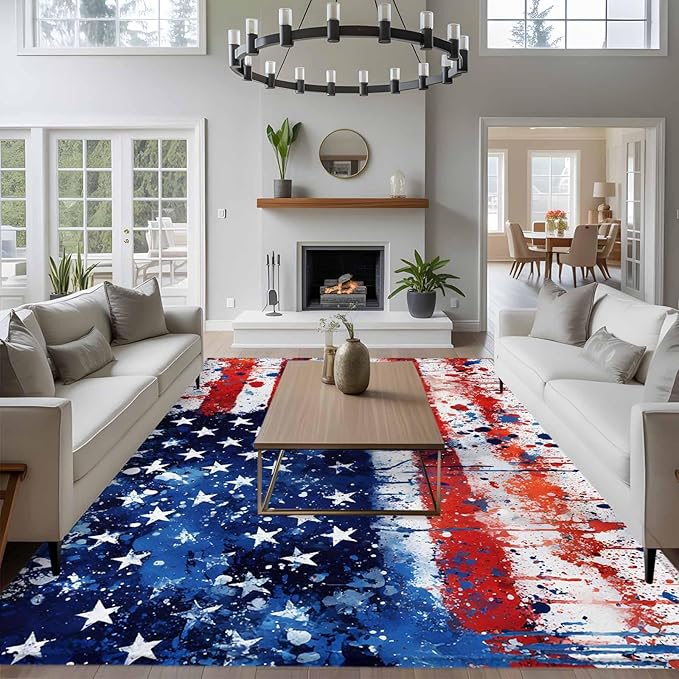 Mottled Red Blue White Stars Painted Flag 6'x9' Large Area Rugs, Washable Area Rugs Non-Slip Indoor Floor Mats Large Carpet for Living Room Bedroom Dining Room