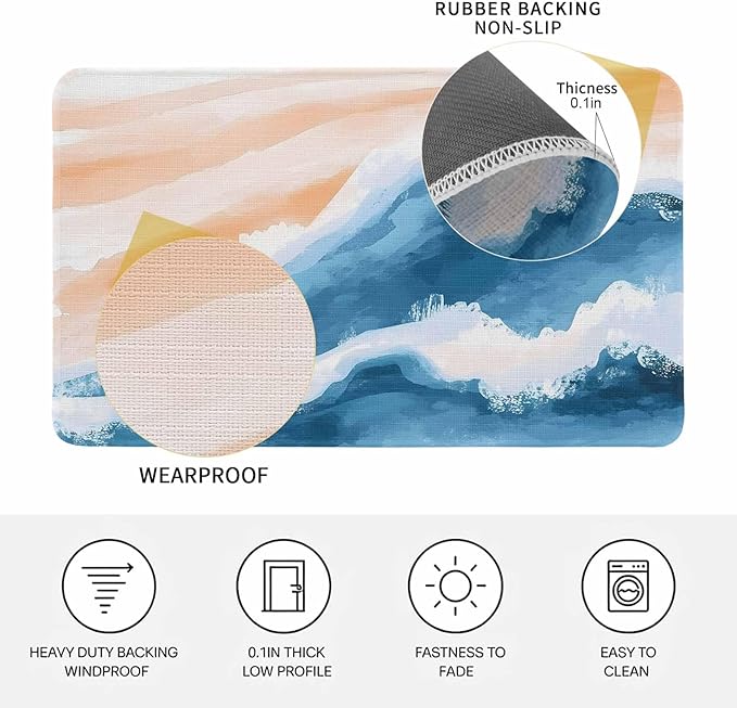 Abstract Waves Doormat Orange Blue Gradient Spray Non Slip Low Profile Rubber Door Mat Washable Absorbent Indoor Front Door Mat Entryway Rug Entrance Carpet 20x31.5 Inch