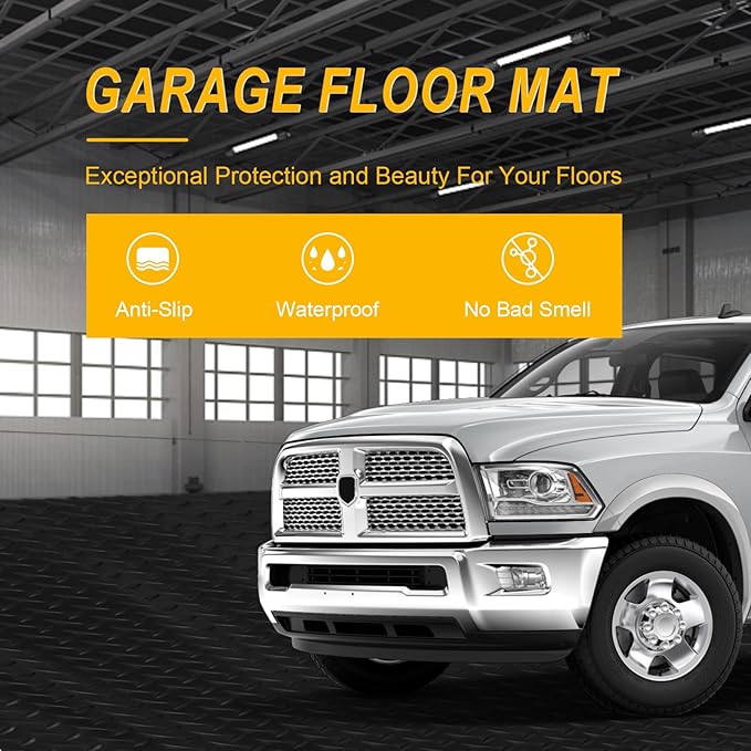 7.5x20 FT Garage Floor Mat, 2.8mm Thickened Flooring Roll Under Car Mat with 20Pcs Tapes, Diamond Plate, Non-Slip Floor Protector Mat for Trailer, Garage, Warehouse, Gyms, Trailer, Black