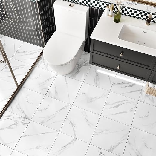 Wallercity White Marble Floor Tile Peel and Stick Bathroom Flooring Self Adhesive 18PCS Vinyl Floor Tiles Waterproof Flooring Sticky Tiles for Kitchen Bedroom Dinning Room Laminate Sheets 12''x12''
