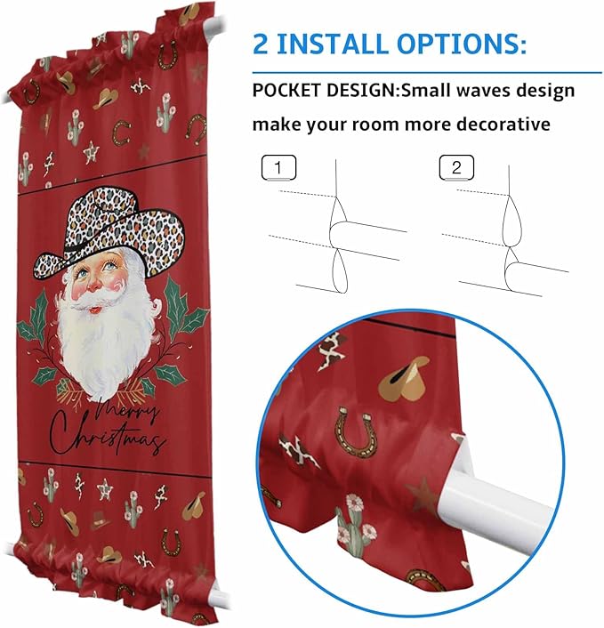 Christmas French Door Curtain Panel for Front Door, Red Leopard Cow Cowboy Hat Santa Claus Slidelight Door Curtains with Tieback Light Filtering Privacy Panels for Doorway Entryway 25"x 40"