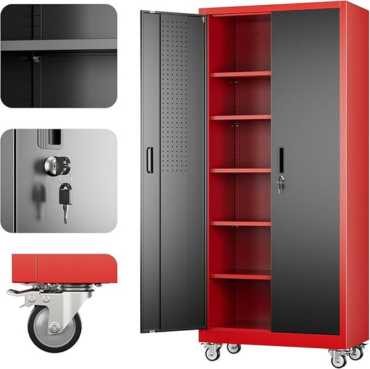 Reemoon 71" H Metal Garage Storage Cabinet with 5 Adjustable Shelves and Pegboard,Steel Storage Cabinet with Wheels for Garage Home Office Utility Room,Required Assembly, Red and Black