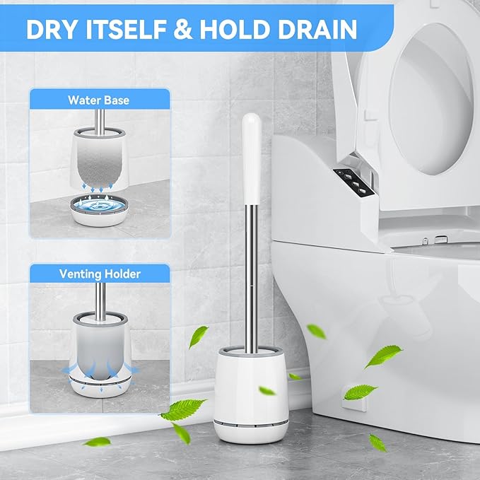Toilet Brush, Toilet Brush and Holder with 304 Stainless Steel Handle, Space Saving Toilet Bowl Brush for Storage, Durable Bristles Toilet Scrubber for Bathroom Cleaning (1, White)