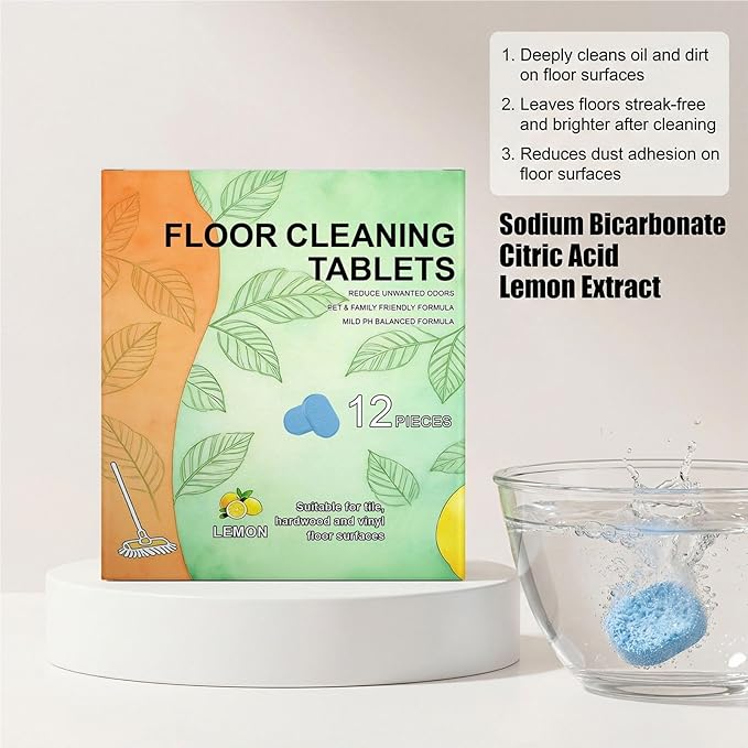 Floor Cleaning Tablets, Kitchen Floor Cleaner, 12 Pieces Lemon Scent Floors Cleaning Tablets, Multipurpose Mopping Cleaner, Floors Maintenance Aid for Scrubbing, for Hardwood Laminate Tile