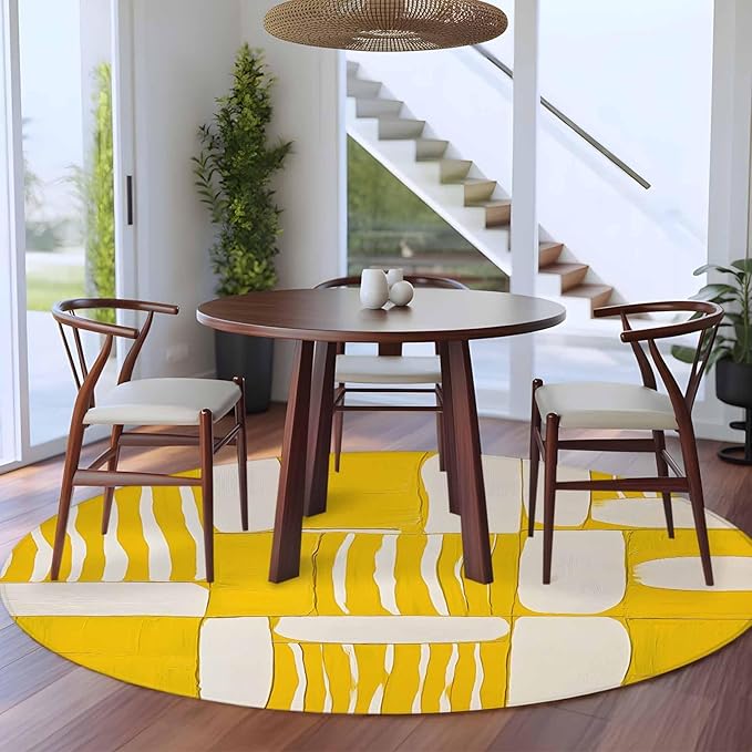 Impressionist Style Large Round Rug 7Ft, Yellow Abstract Blurred Color Circle Area Rugs Washable Non Slip Indoor Floor Mats Carpet for Living Room Bedroom Dining Room Home Decor