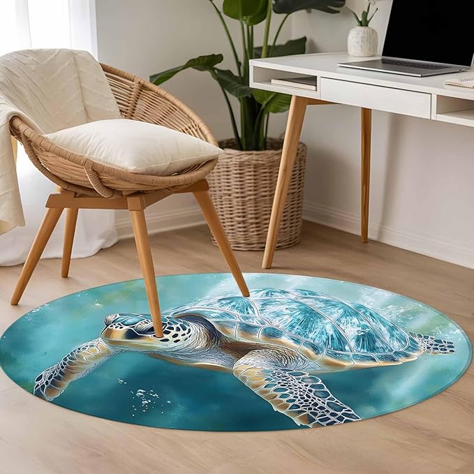 Marine Animal Small Round Rug 3 Ft, Ocean Turtle Modern Art Abstract Style Area Rugs Washable Non Slip Indoor Floor Mats Circle Carpet for Living Room Bedroom Dining Room Home Decor