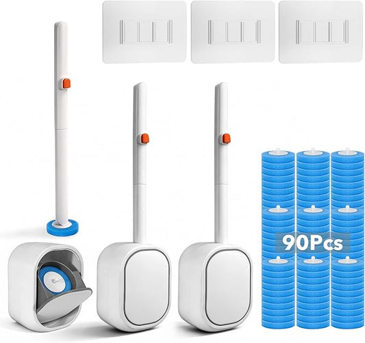 3-Pack Disposable Toilet Brush & Wand Kit, Wall-Mounted Auto-Closing Caddies with 90 Refills, Deep Cleaning System with Pre-Loaded Scrubber for Rust & Hard Water - Hand-Free Modern Design