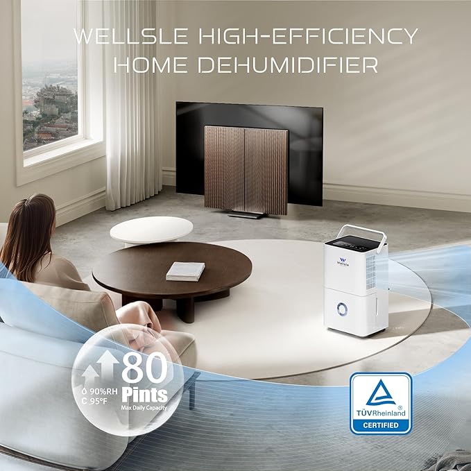 Energy Star Dehumidifier, Wellsle 80 Pints Dehumidifier for basement, Smart Humidity Adjustment with 1.32 Gal Water Tank and Drain Hose, Silent & Efficient for Home Bedroom Garage Large Room