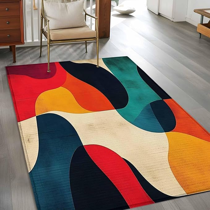Abstract Art Area Rugs 2.7'x5', Impressionist Red Blue Color Block Washable Area Rugs Non-Slip Indoor Floor Mats Carpet for Living Room Bedroom Dining Room