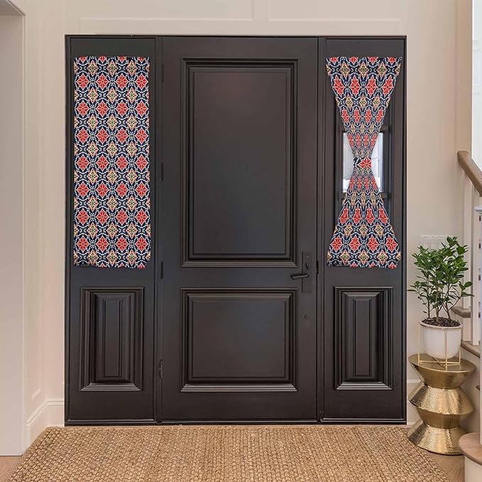 French Door Curtain Panel for Front Door, Flower Pattern Vintage Red Blue Slidelight Door Curtains with Tieback Light Filtering Privacy Panels for Doorway Entryway 25"x 40"