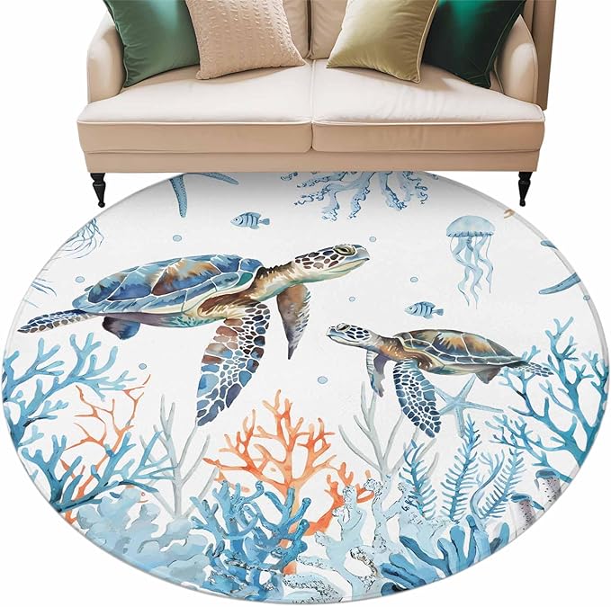 Sea Turtle Large Round Rug 8Ft, Seagrass Coral Starfish Circle Area Rugs Washable Non Slip Indoor Floor Mats Carpet for Living Room Bedroom Dining Room Home Decor