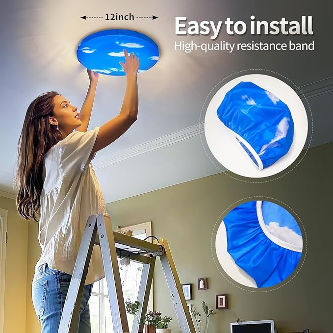 12" Ceiling Light Cover, 1 Pcs Flush Mount Light Fixture Cover, Fabric Ceiling Light Fixture Cover, Light Filters for Bedroom, Kitchen, Hallways/Entryways, Office, Basement (Partly Cloudy)-4